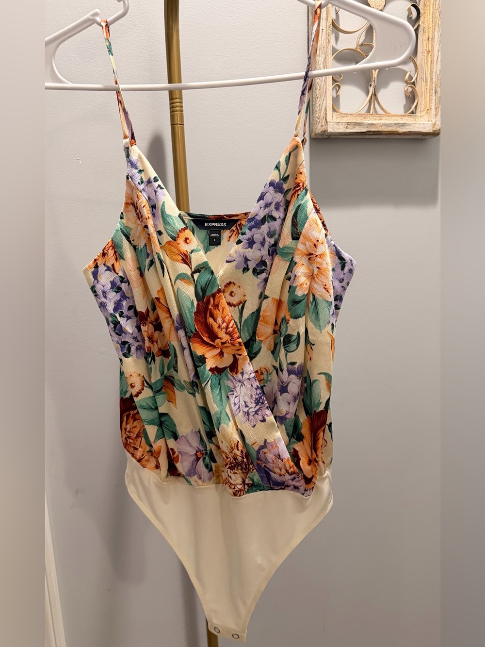 Express Cream Floral Wrap Bodysuit with Multicolor Blooms